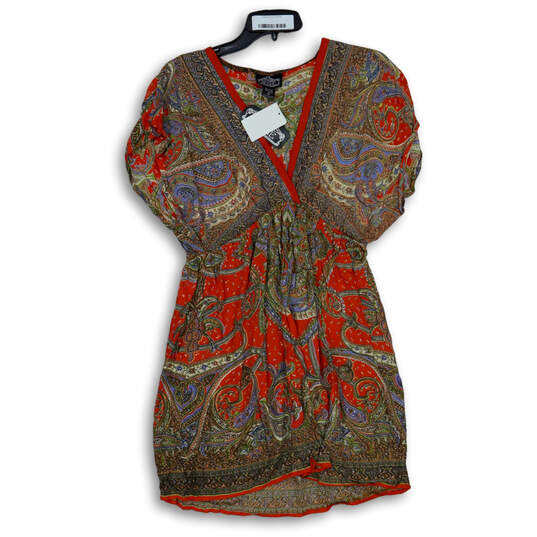 NWT Womens Multicolor Paisley Cap Sleeve V-Neck Pullover Mini Dress Size XL image number 1
