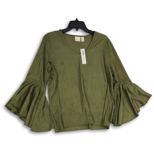 NWT Womens Green V-Neck Bell Sleeve Pullover Blouse Top Size 2 image number 4