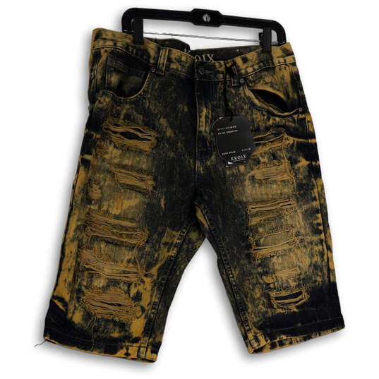 NWT Mens Yellow Black Denim Medium Wash Distressed Bermuda Shorts Size 36 image number 1