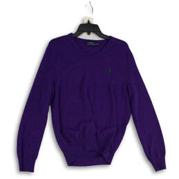 Mens Purple Knitted V-Neck Long Sleeve Pullover Sweater Size Medium