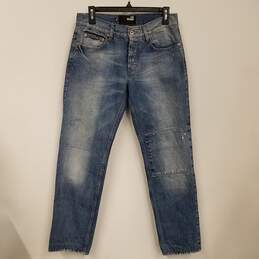 Womens Blue Cotton Stretch Medium Wash Coin Pocket Denim Straight Jeans Sz 32