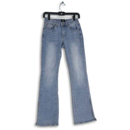 Womens Blue Medium Wash 5 Pocket Design Slit Flared Denim Jeans Size 3/26 image number 1