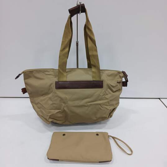 LL Bean Nylon Khaki w/ Brown Leather Trim Small Tote Bag with Wallet image number 2