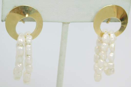 14K Gold White Pearls Beaded Loops Drop Cut Out Disc Screw Back Earrings 6.8g image number 1