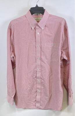 Orvis Mens Pink White Striped Long Sleeve Spread Collared Button-Up Shirt Size M