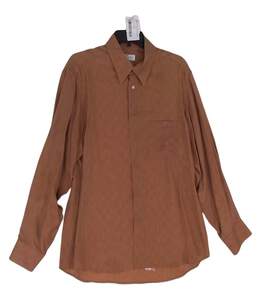 Men Brown Long Sleeve Spread Collar Solid Button Up Shirt Size Large