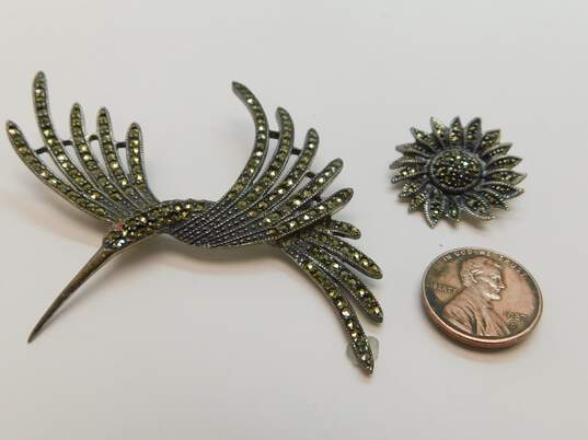 Romantic Judith Jack 925 Sterling Silver Marcasite Hummingbird & Flower Brooches 21.4g image number 4