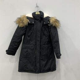 NWT Womens Black Long Sleeve Hooded Snap Winter Parka Coat Size S/P