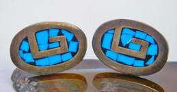 Artisan Mexico 925 Modernist Faux Turquoise Black Enamel Inlay Greek Key Oval Cuff Links 17.8g alternative image