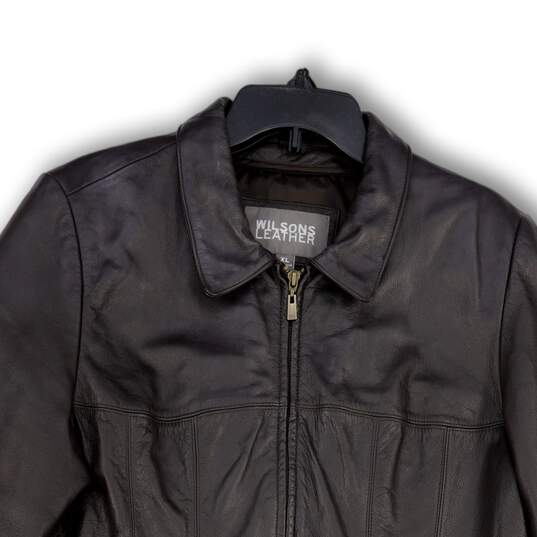 Mens Black Leather Long Sleeve Pockets Full-Zip Motorcycle Jacket Size XL image number 4