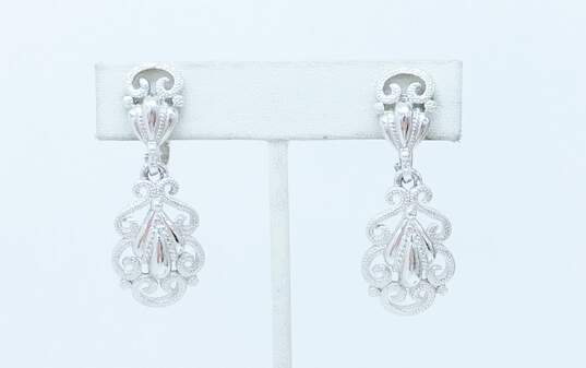 VNTG Crown Trifari Silver Tone Scrolled Clip-On Drop Dangle Earrings 12.2g image number 1
