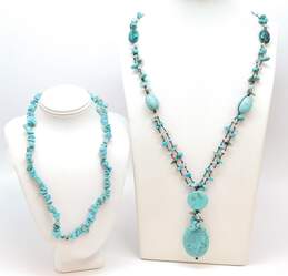 Artisan Goldtone Southwestern Faux Turquoise Pendant Quartz & Howlite Cord & Chip Beaded Necklaces 85.5g