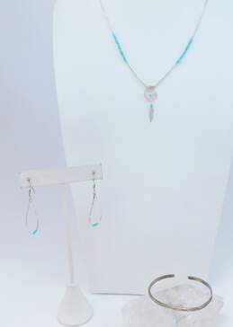 Artisan 925 Southwestern Faux Turquoise Beaded Dream Catcher Pendant Liquid Silver Necklace Loop Drop Earrings & Stamped Cuff Bracelet 9.6g