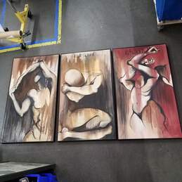 Signed Abstract Surreal Figure Paintings on Canvas Set of 3 'Honesty' 'Humility' and 'Passion' Framed