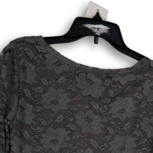 Womens Gray Floral Lace Round Neck Long Sleeve Pullover Blouse Top Size M image number 4