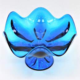 Vintage Blue Art Glass Pedestal Compote Dish Bowl