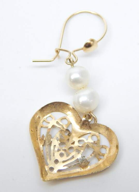 14K Yellow Gold Filigree Heart Pearl Earrings 1.5g image number 5