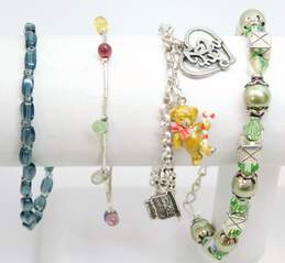 Artisan 925 Colorful Glass & Green Crystal & Faux Pearl Beaded & Bear Heart Cake & Claddagh Charms Bracelets Variety 41.5g