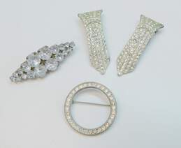 Vintage & Neil Silvertone Icy Rhinestones Open Circle Graduated Bar Brooches & Art Deco Scarf Clips 27.9g