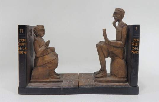 Don Quixote Sancho Bookends Pair Hand-Carved Wooden Vintage Quijote Spain image number 1