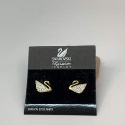 NWT Designer Swarovski Gold-Tone Clear Crystal Swan Pierced Stud Earrings alternative image