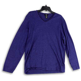 Womens Blue V-Neck Long Sleeve Stretch Pullover T-Shirt Size Large