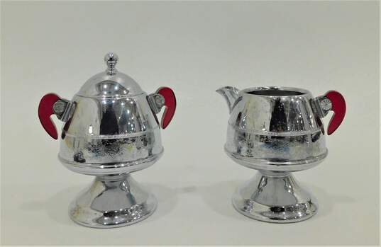 Vintage United 550 Automatic Coffee Maker Chrome Red Handles w/ Sugar & Creamer image number 2