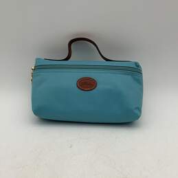 Longchamp Womens Blue Brown Outer Zipper Pocket Cosmetic Makeup Handbag Case