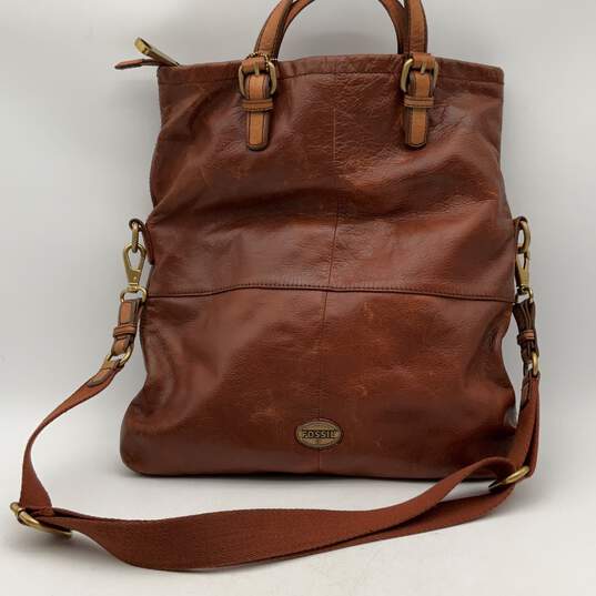 Fossil Womens Brown Leather Adjustable Strap Zipper Crossbody Bag Purse image number 2