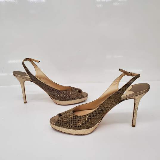 AUTHENTICATED Jimmy Choo Gold Lamé & Leather Platform Peep Toe Slingback Heels image number 4