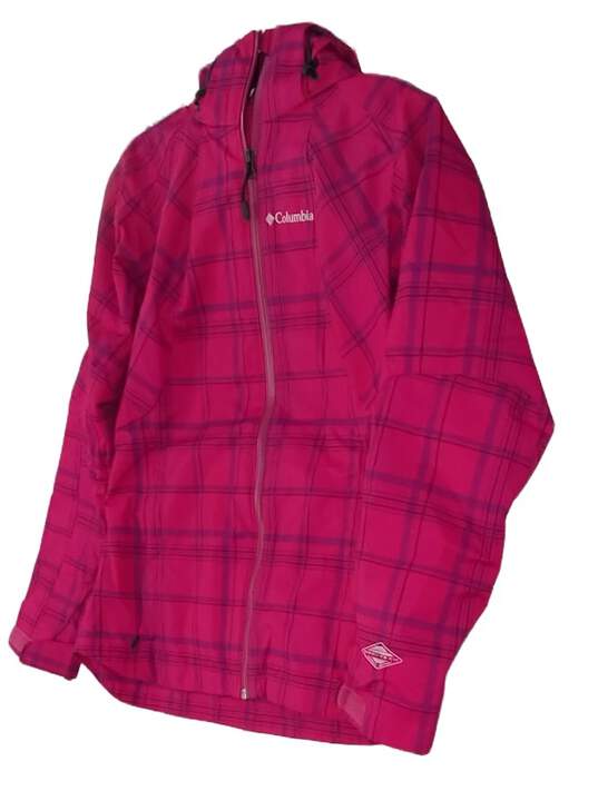 Womens Pink Plaid Long Sleeve Hooded Pockets Full Zip Jacket Size XS image number 2