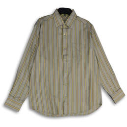 Mens Yellow Blue Striped Long Sleeve Spread Collar Button-Up Shirt Size M