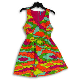 Womens Green Pink Printed Scoop Neck Sleeveless Fit & Flare Dress Size M