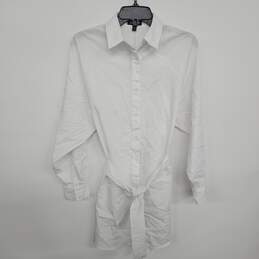 White Button Long Sleeve Collared Mini Shirt Dress With Sash alternative image