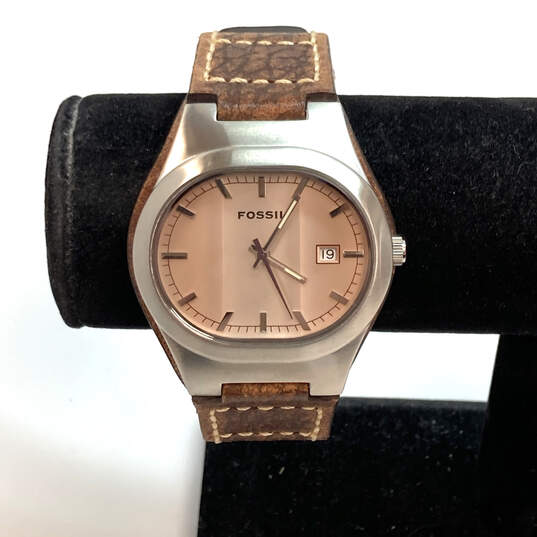 Designer Fossil Sliver-Tone Brown Adjustable Strap Analog Wristwatch image number 1