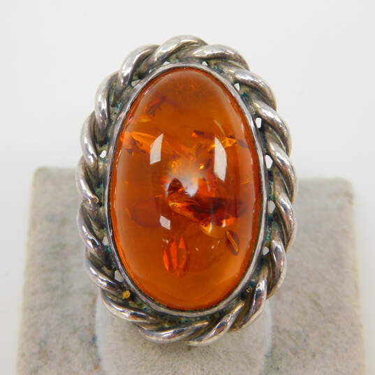 Artisan 925 Amber Cabochon Rope Oval Statement Ring 15.2g image number 2