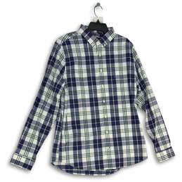 Express Mens Blue Green Plaid Spread Collar Long Sleeve Button-Up Shirt Size L