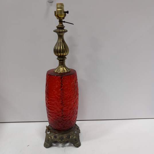 Vintage 1970's EF Industries Textured Ruby Red Table Lamp Brass Hardware image number 2