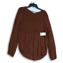 NWT Sonoma Womens Brown Smocked Long Sleeve V-Neck Pullover Blouse Top Size L