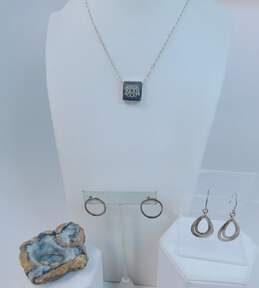 Artisan 925 Chunky Square Pendant Necklace Open Circle Post & Teardrops Drop Earrings & Shell Wavy Band Ring 17.2g