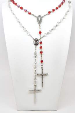 Vintage Silvertone Red & Clear Aurora Borealis Crystals Beaded Crucifix Cross Rosary Necklaces 122.2g alternative image
