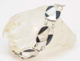 Romantic 925 Onyx & White Mother of Pearl Shell Geometric Inlay Ovals Paneled Toggle Bracelet 38.6g