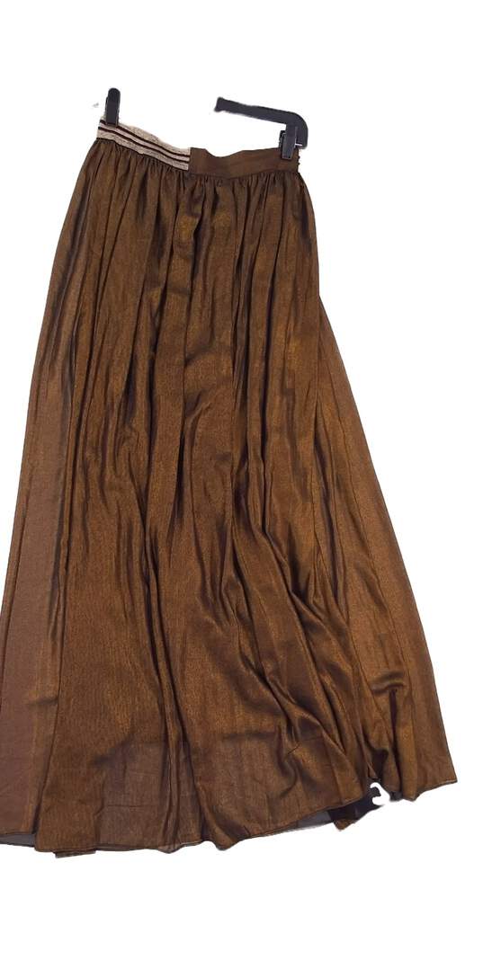 Womens Gold Brown Elastic Waist Pleated Maxi Skirt Size Medium image number 1