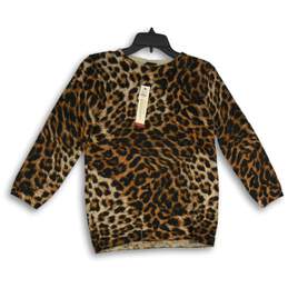 NWT Talbots Womens Brown Cheetah Print Crew Neck Pullover Sweater Size PM