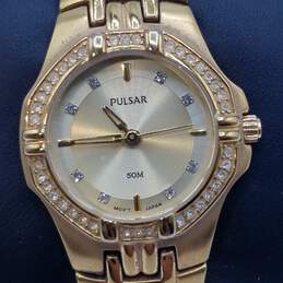 Pulsar 25mm Case Crystal Bezel Gold tone Stainless Steel Lady's Quartz Watch