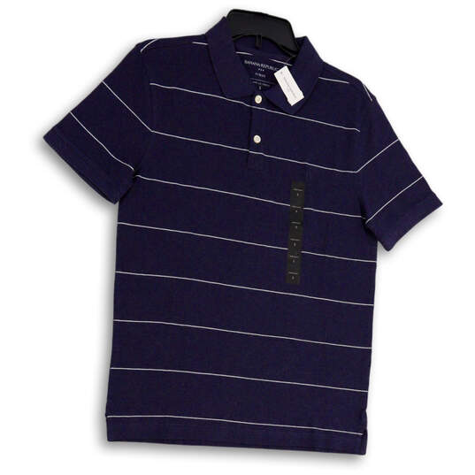 NWT Mens Blue White Striped Short Sleeve Collared Golf Polo Shirt Size S image number 1