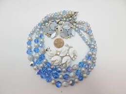 Vintage Blue Faux Pearl & Aurora Borealis Multi Strand Necklace Floral Rhinestone Clip On Earrings & Brooch 83.9g alternative image