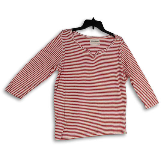 Womens Red White Striped 3/4 Sleeve Split Neck Pullover T-Shirt Size XL image number 1