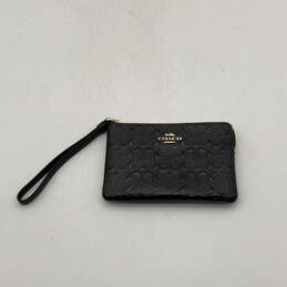 Womens Black Leather Signature Print Inner Pocket Zipper Wristlet Wallet