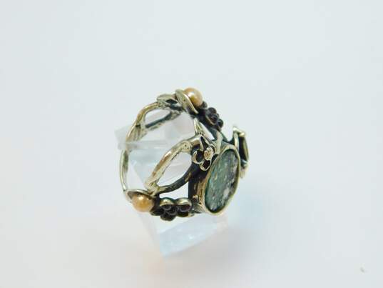 Rustic Artisan 925 Roman Glass Pearl Garnet Floral Ring 11.7g image number 1